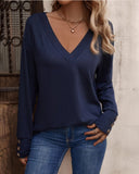 Solid V Neck Long Eyelet Sleeve Shirt