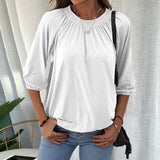 Solid Color 3/4 Puff Sleeve Elastic Crew Neck Shirt