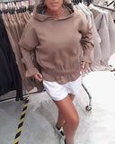 Hooded Shirred Long-Sleeved Ruffle Trim Sweatshirt