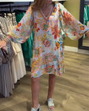 V-Neck Retro Floral Print Lantern Sleeve Dress