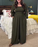 Shirred Waist Solid Square Neck Jumpsuit