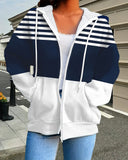 V-Neck Loose Striped Zip-Up Coat