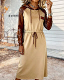 Hooded Tie-Waist Elegant Paneled Leather Dress