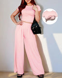 Casual Short-Sleeved Wide-Leg Pants Suit