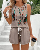 Sleeveless Retro Feather Print Set