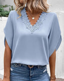 V Neck Flounce Short Sleeve Three-Dimensional Petals Shirts