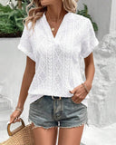 V-Neck Solid Color Hollow Breathable Blouse