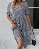 Blue And White Floral Print Flounce Sleeve Dress