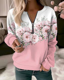 Floral Print Crew Neck Half Zipped Sweatshirt