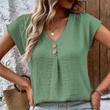 Women V-neck Button Front Solid Short Sleeve Blouse