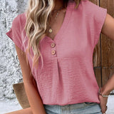 Women V-neck Button Front Solid Short Sleeve Blouse