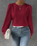 Lantern Sleeve Pleated Crew Neck Solid Long Sleeve Blouse