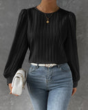 Lantern Sleeve Pleated Crew Neck Solid Long Sleeve Blouse