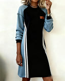 Long-Sleeved Color Block Round Neck Straight Dress