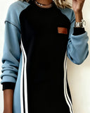 Long-Sleeved Color Block Round Neck Straight Dress