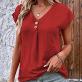 Women V-neck Button Front Solid Short Sleeve Blouse