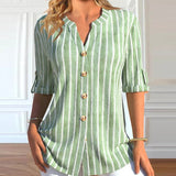 Striped Button Middle Sleeve Casual V Neck Shirt Blouse