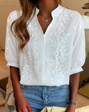 Eyelet Floral Embroidery V Neck Short Sleeves Blouse