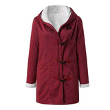 Women Fleece Lined Hooded Horns Buckle Parka Jacket with Pockets