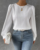 Lantern Sleeve Pleated Crew Neck Solid Long Sleeve Blouse