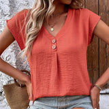 Women V-neck Button Front Solid Short Sleeve Blouse