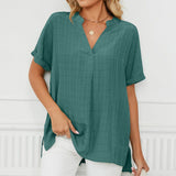 Women Loose Split V-Neck Flowy Plain Short Sleeve