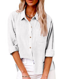 Plain Casual Linen Pocket Button Long Sleeve Blouse