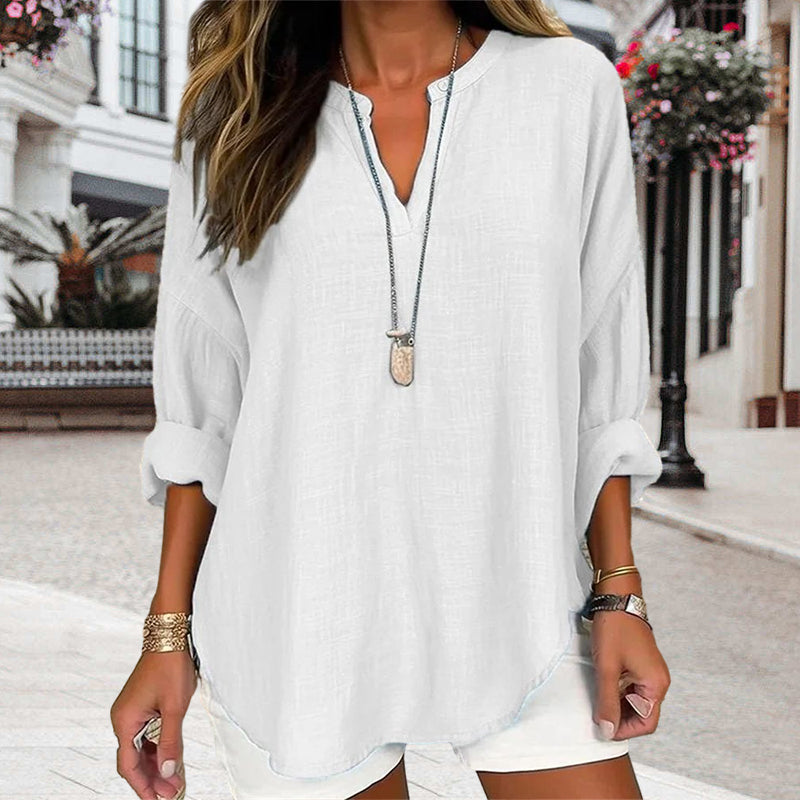 V-neck Plain Long Sleeve Linen Casual Shirt Blouse