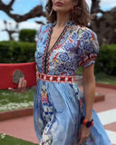 V-Neck Printed Puff Sleeve Slit Dress