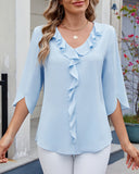 Half-Sleeved Ruffled Solid Color Casual Blouse