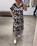 V-Neck Off-Shoulder Striped Dress
