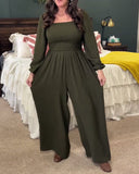 Shirred Waist Solid Square Neck Jumpsuit