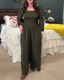 Shirred Waist Solid Square Neck Jumpsuit