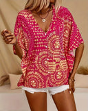Casual Loose V-Neck Printed Batwing Sleeve Blouse