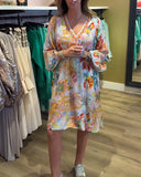 V-Neck Retro Floral Print Lantern Sleeve Dress