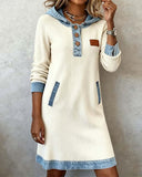 Hooded Button-Detailed Denim Paneled Dress