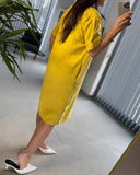 V-Neck Short-Sleeved Button-Down Shift Dress