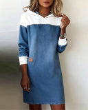 Hooded Denim Patchwork Drop Shoulder Dress
