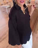 V-Neck Fashion Casual Scallop Trim Blouse