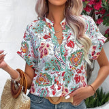 Women's Boho Floral Print V-neck Batwing Short Sleeve Contrast Top