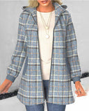 Dusty Blue Zipper Plaid Long Sleeve Hooded Coat