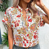 Women's Boho Floral Print V-neck Batwing Short Sleeve Contrast Top