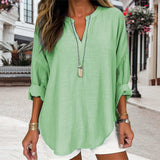 V-neck Plain Long Sleeve Linen Casual Shirt Blouse