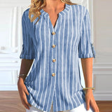 Striped Button Middle Sleeve Casual V Neck Shirt Blouse