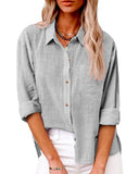 Plain Casual Linen Pocket Button Long Sleeve Blouse