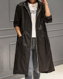 Solid Lightweight Hooded Trench Long Windbreaker with Pockets