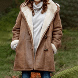 Women Fleece Lined Hooded Horns Buckle Parka Jacket with Pockets