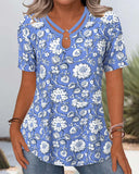 Round Neck Floral Print Cutout Commuter Blouse