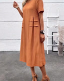 Casual Pleated Short Sleeve Crew Neck Dress