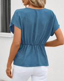 Round Neck Solid Color Irregular Short Sleeve Blouse